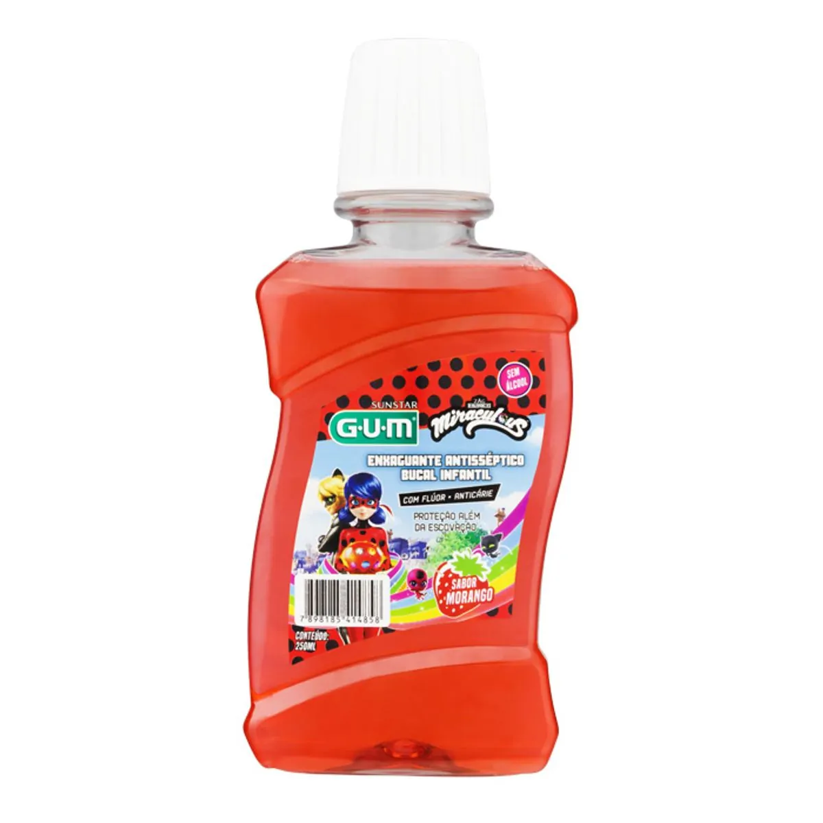 Enxaguante Bucal Infantil Antisséptico Zero álcool Morango Miraculous Gum Frasco 250ml