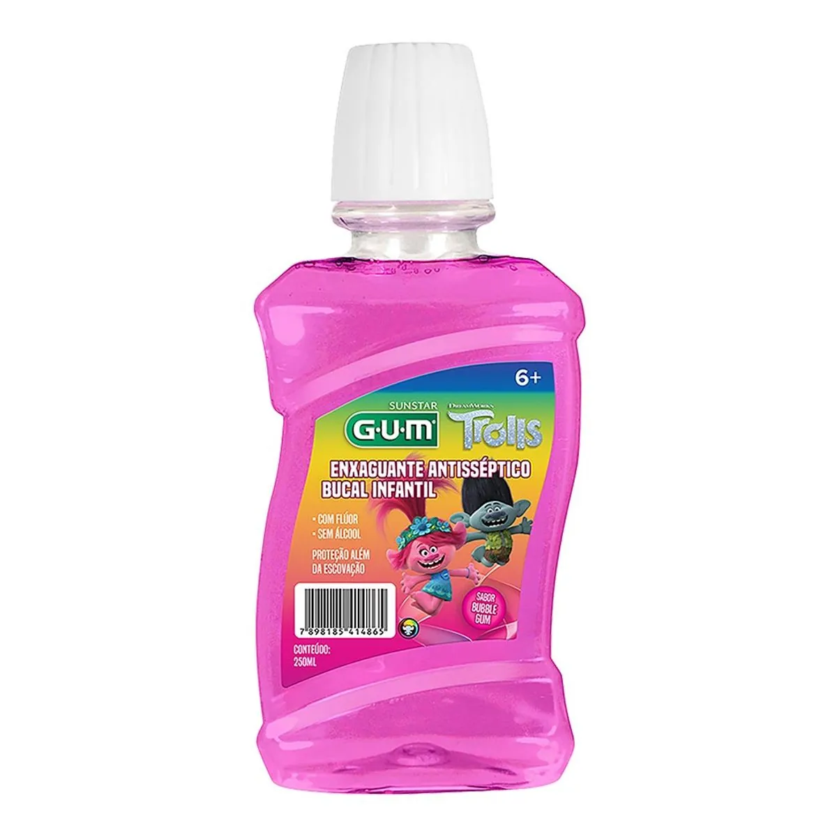 Enxaguante Bucal Infantil Antisséptico Zero álcool Bubble Gum Trolls Gum Frasco 250ml
