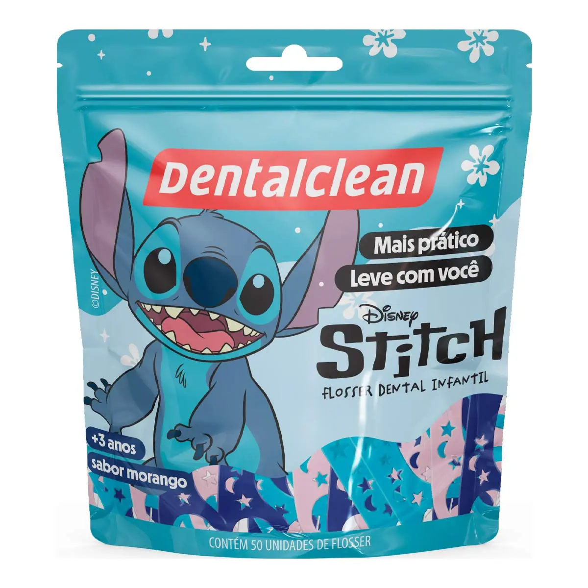 Fio Dental Infantil Com Cabo Morango Stitch Dentalclean Pouch 50 Unidades