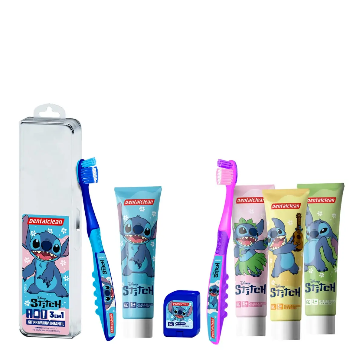 Kit Escova Dental Macia Fio Dental Mix De Frutas 20m Gel Dental Com Flúor Morango 50g Infantil Stitc
