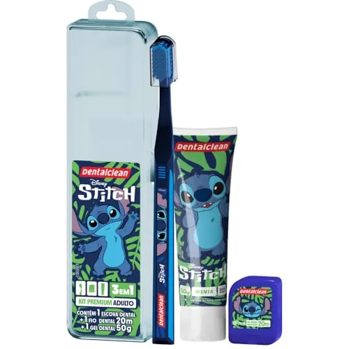 Kit Escova Dental Macia Fio Dental Gel Dental 50g Adulto Menta Stitch Dentalclean Premium