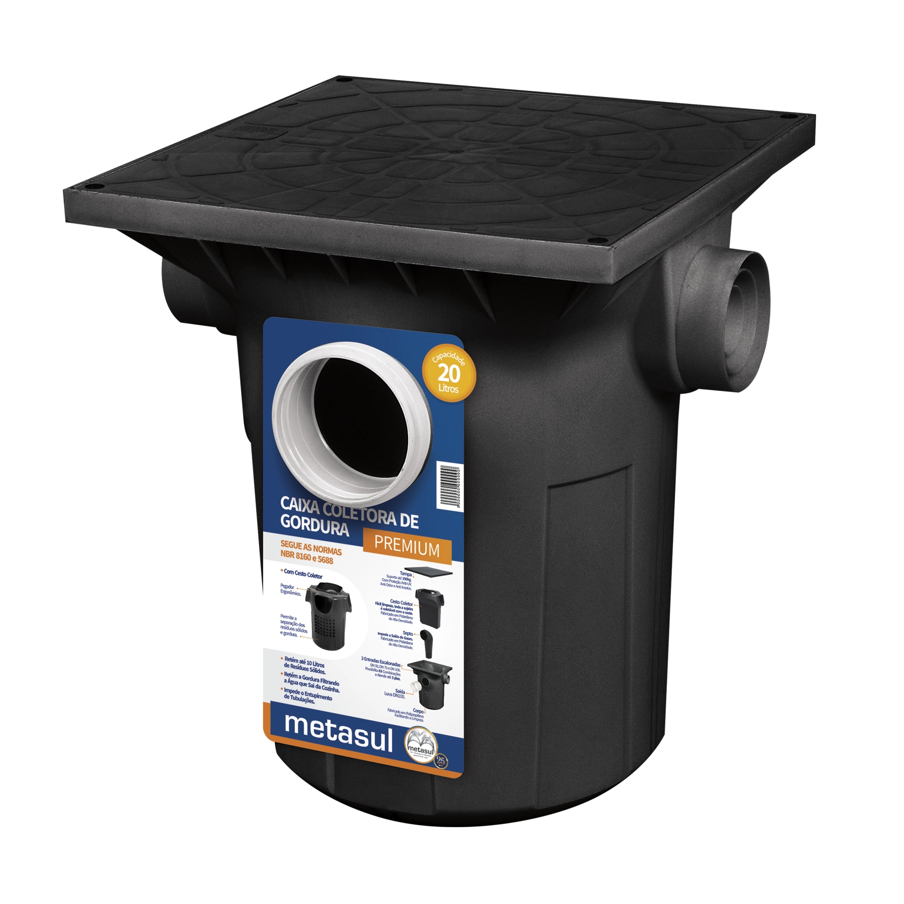 Caixa de Gordura Polipropileno 41,2L 100mm com Cesto para Limpeza Premium Metasul