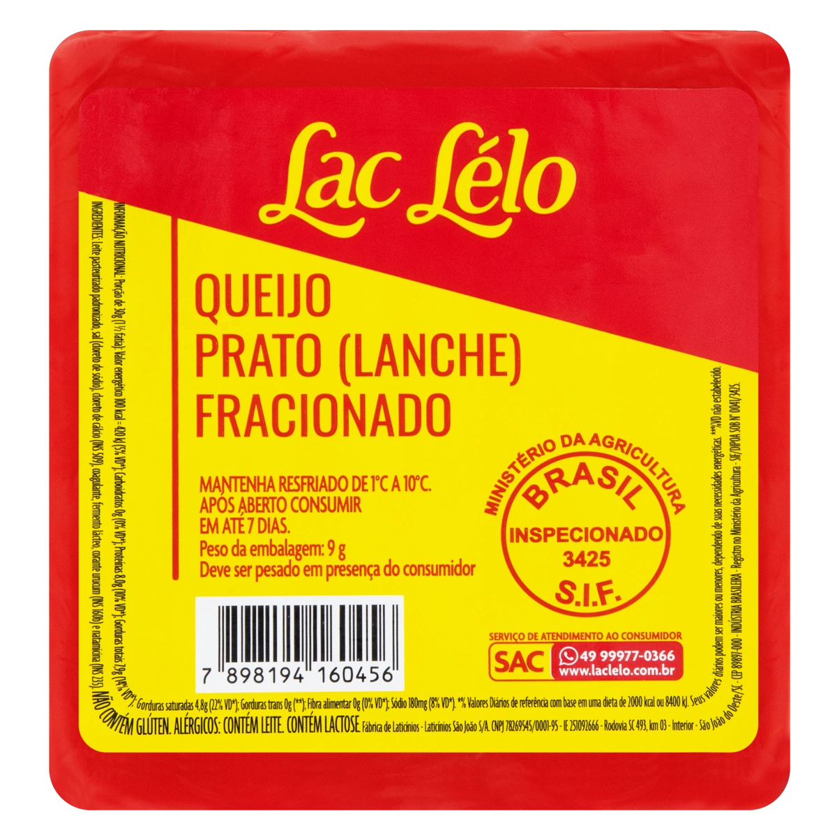 Queijo Prato Fracionado Lac Lélo
