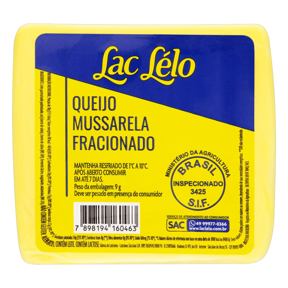 Queijo Mussarela Fracionado Lac Lélo