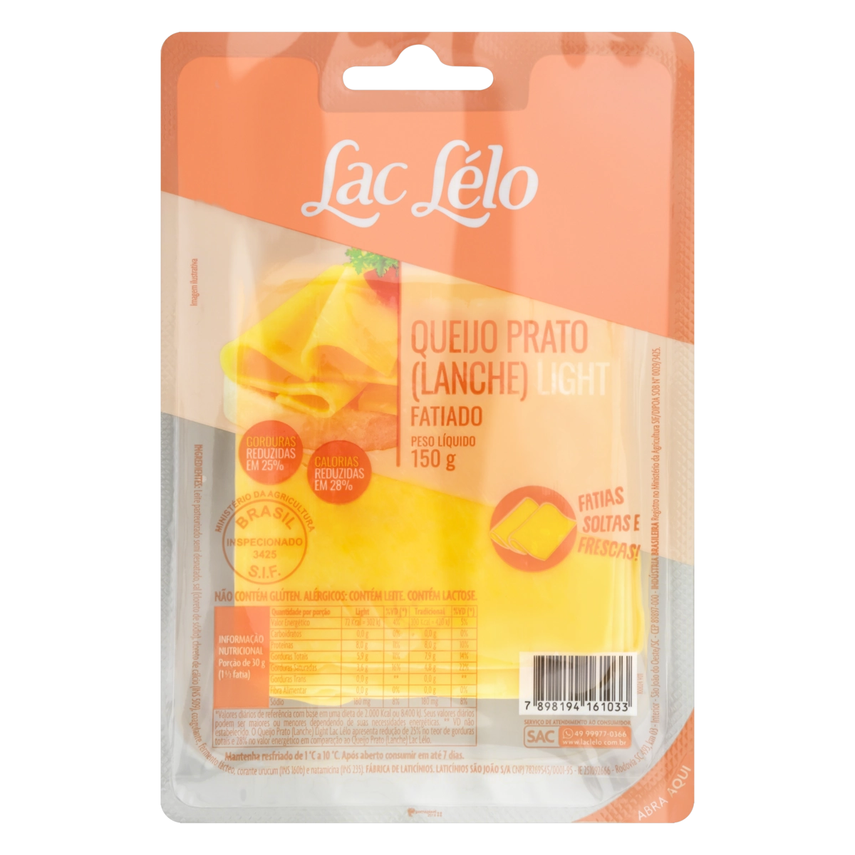 Queijo Prato Fatiado Light Lac Lélo 150g