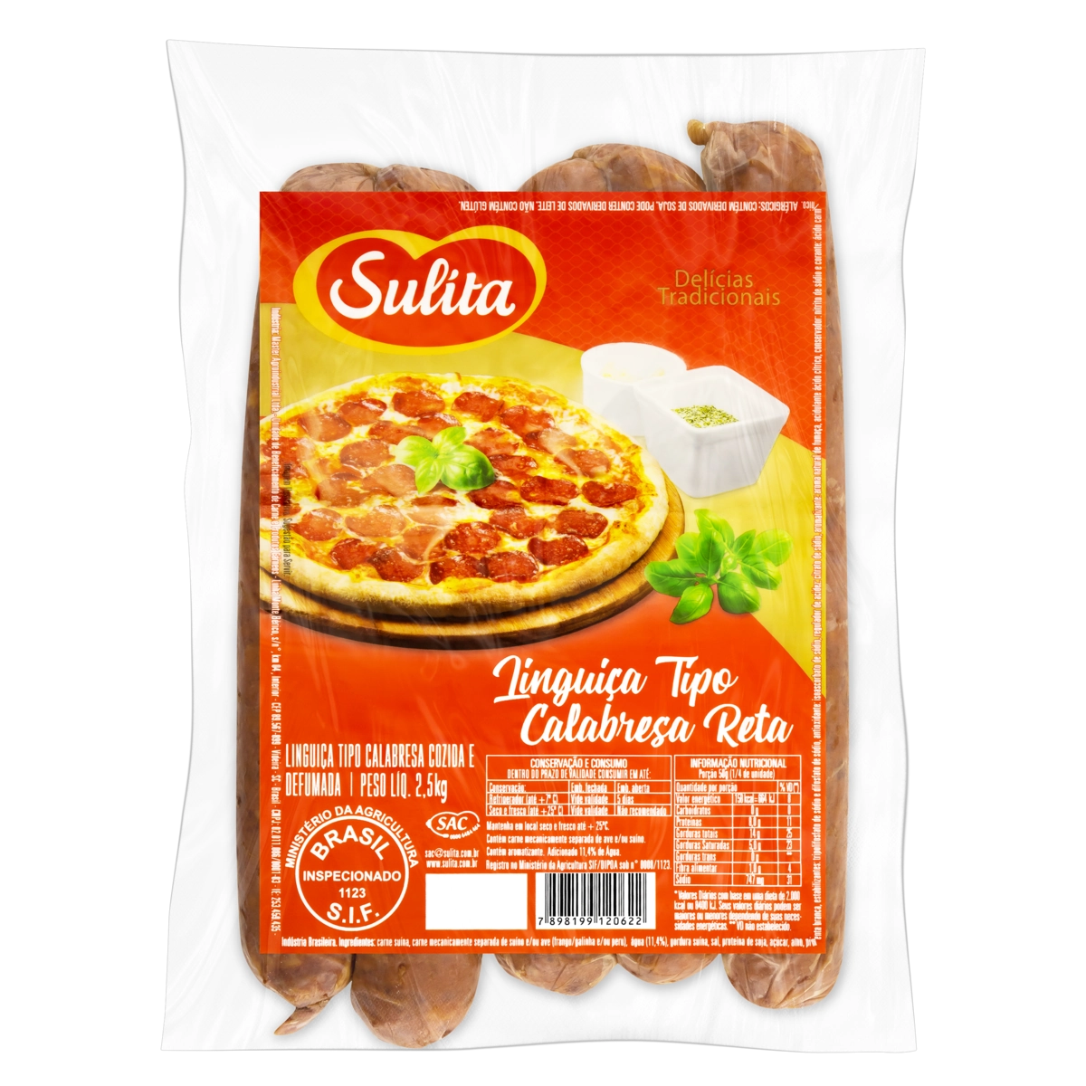 Linguiça Calabresa Cozida E Defumada Reta Sulita 2,5kg