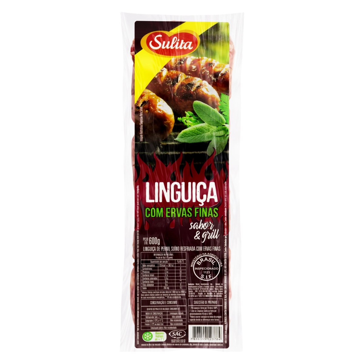 Linguiça De Pernil Suíno Com Ervas Finas Sulita Sabor Grill 600g