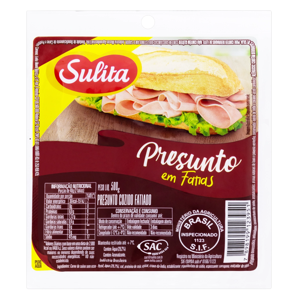 Presunto Cozido Fatiado Sulita 500g
