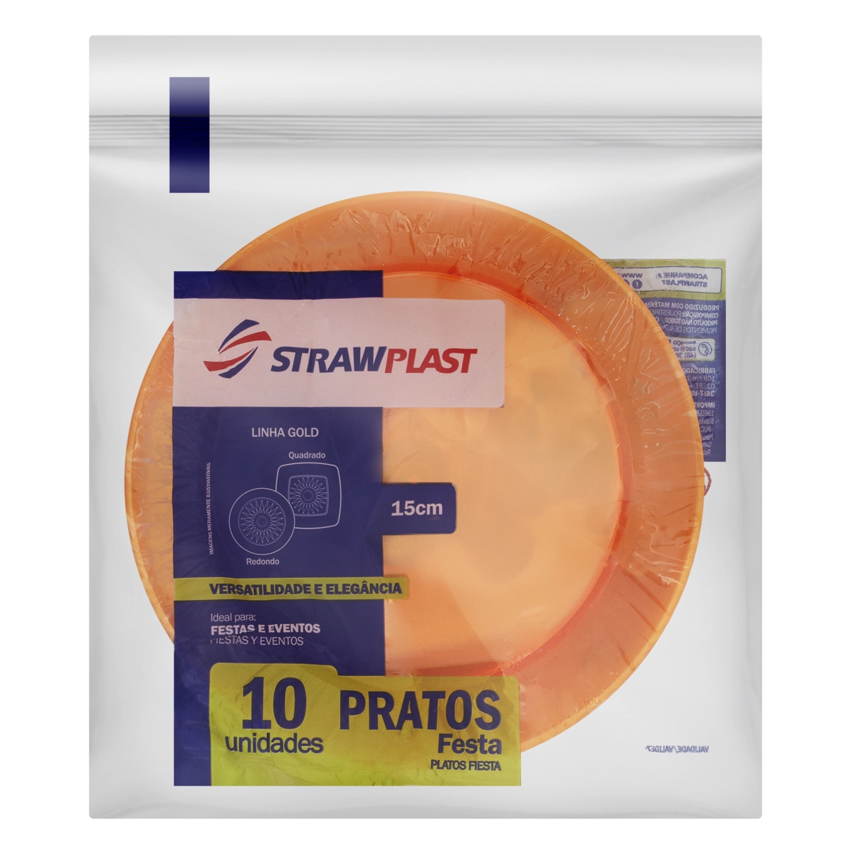 Prato Plástico Descartável Festa Laranja Neon Strawplast Gold 15cm Pacote 10 Unidades