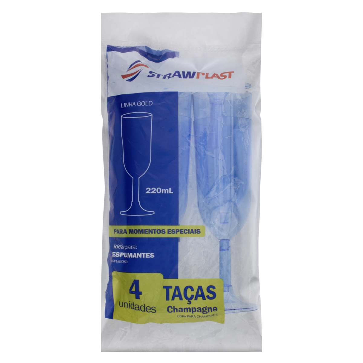 Taça Descartável Champagne Azul Neon 220ml Strawplast Gold Pacote 4 Unidades