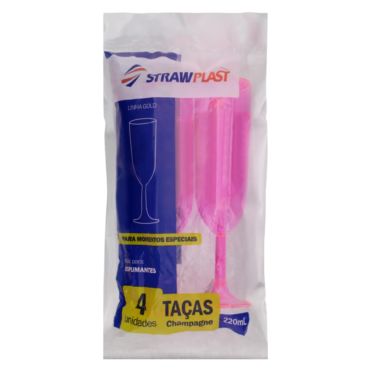 Taça Descartável Champagne Rosa Neon 220ml Strawplast Gold 4 Unidades