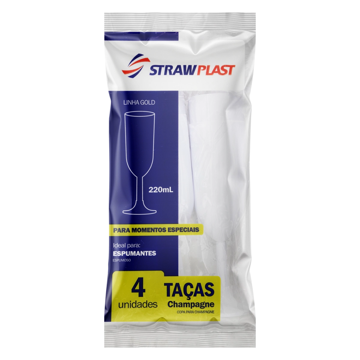 Taça Descartável Champagne Branca 220ml Strawplast Gold Pacote 4 Unidades