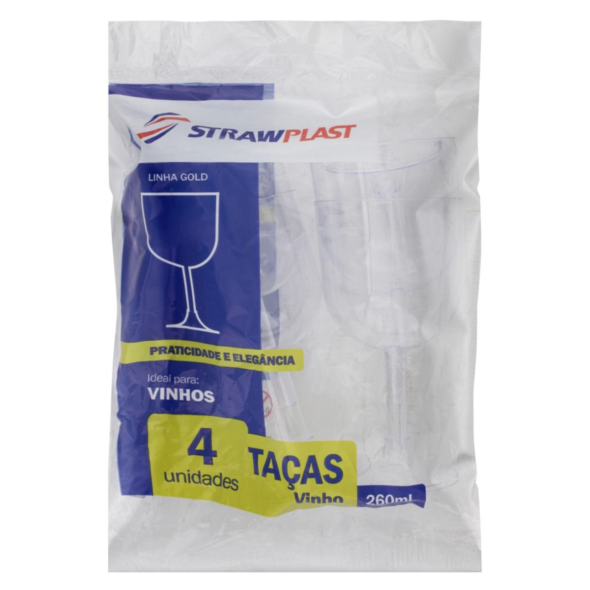 Taça Descartável Vinho Cristal 260ml Strawplast Gold Pacote 4 Unidades