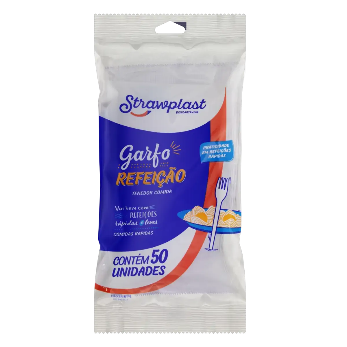 Garfo Descartável Refeição Cristal Strawplast Pacote 50 Unidades