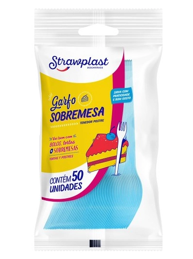 Garfo Descartável Sobremesa Azul Strawplast Pacote 50 Unidades