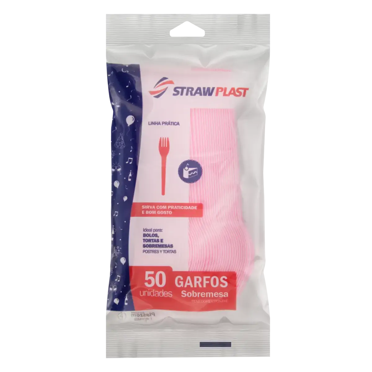 Garfo Descartável Sobremesa Rosa Strawplast Prática Pacote 50 Unidades