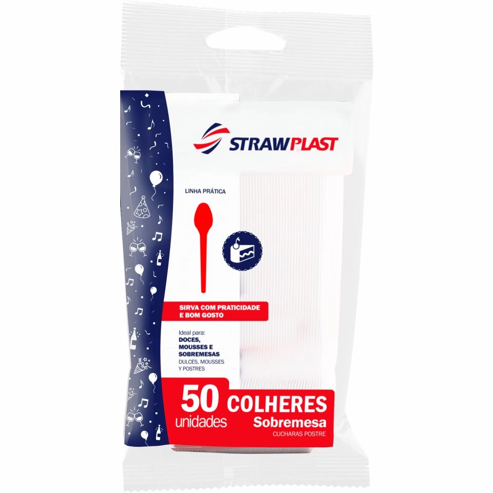 Colher Descartável Sobremesa Branca Strawplast Pacote 50 Unidades