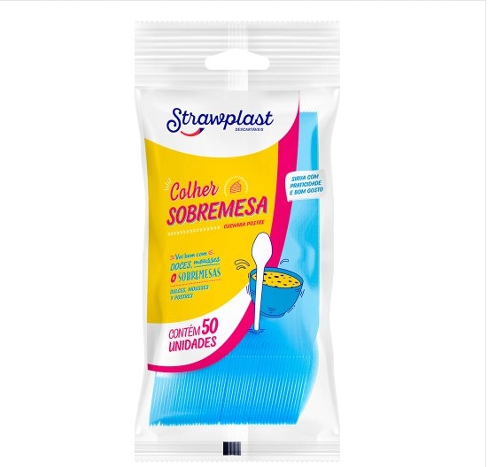 Colher Descartável Sobremesa Azul Strawplast Prática Pacote 50 Unidades