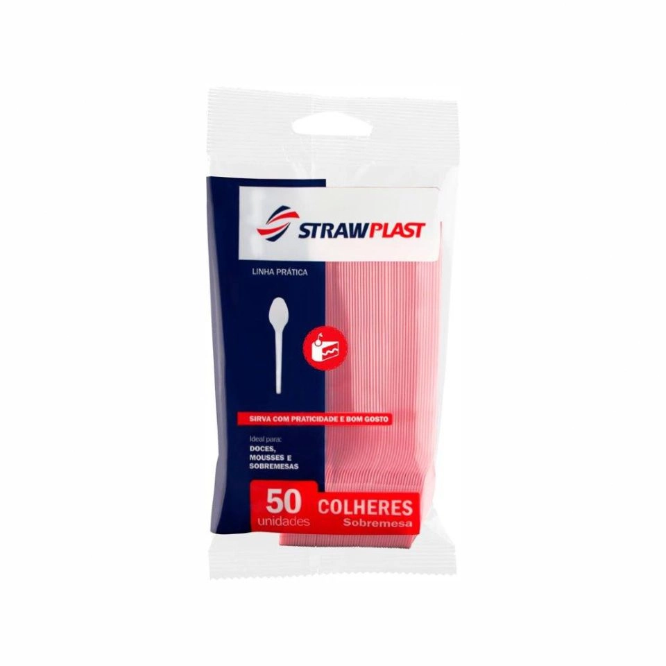 Colher Descartável Sobremesa Rosa Strawplast Pacote 50 Unidades