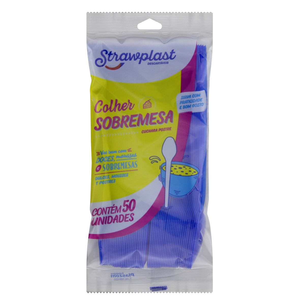 Colher Descartável Sobremesa Azul Royal Strawplast Pacote 50 Unidades