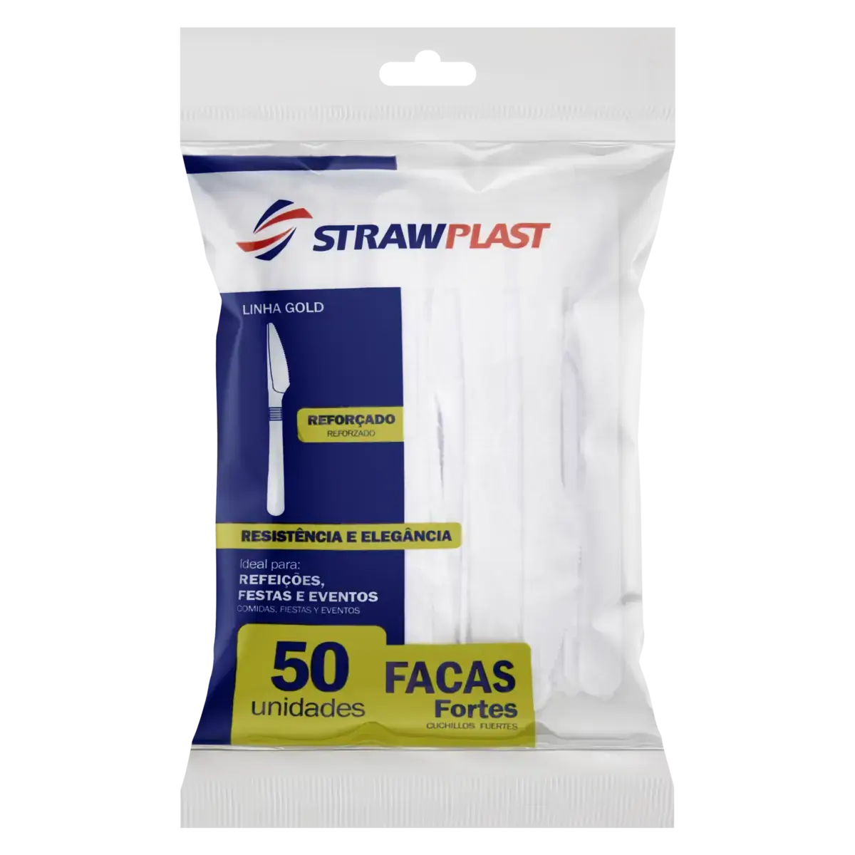Faca Descartável Forte Branca Strawplast Gold Pacote 50 Unidades