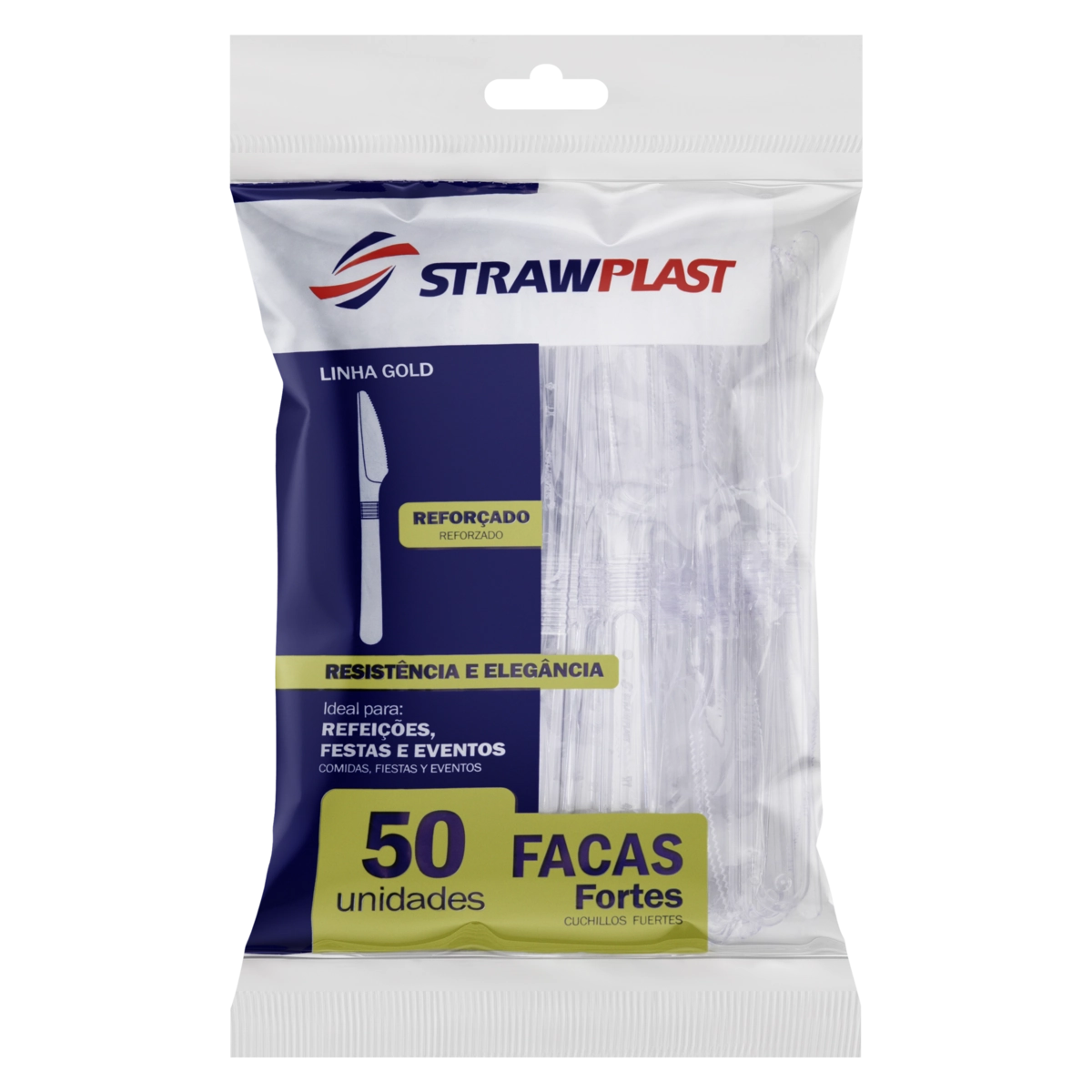 Faca Descartável Forte Cristal Strawplast Gold Pacote 50 Unidades