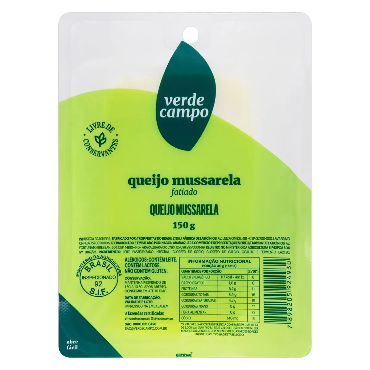 Queijo Mussarela Fatiado Verde Campo 150g