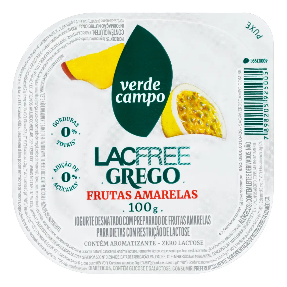 Iogurte Desnatado Grego Frutas Amarelas Zero Lactose Verde Campo Lacfree Pote 100g