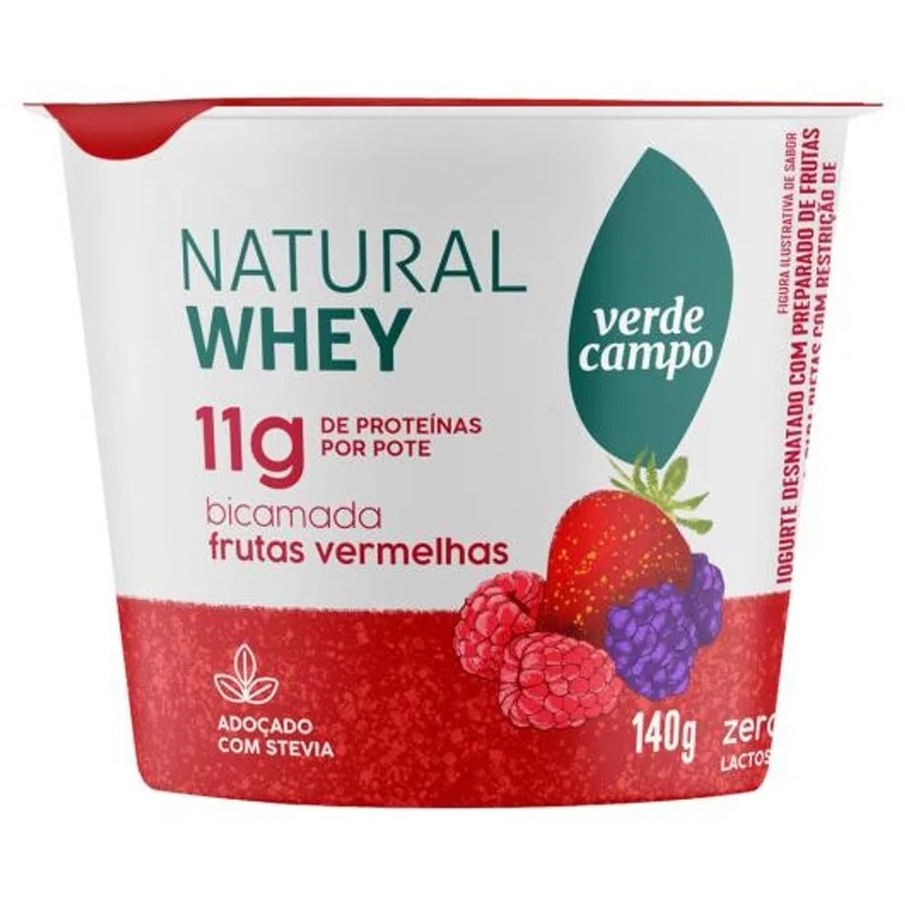 Iogurte Desnatado Bicamadas Frutas Vermelhas Zero Lactose Verde Campo Natural Whey Pote 140g