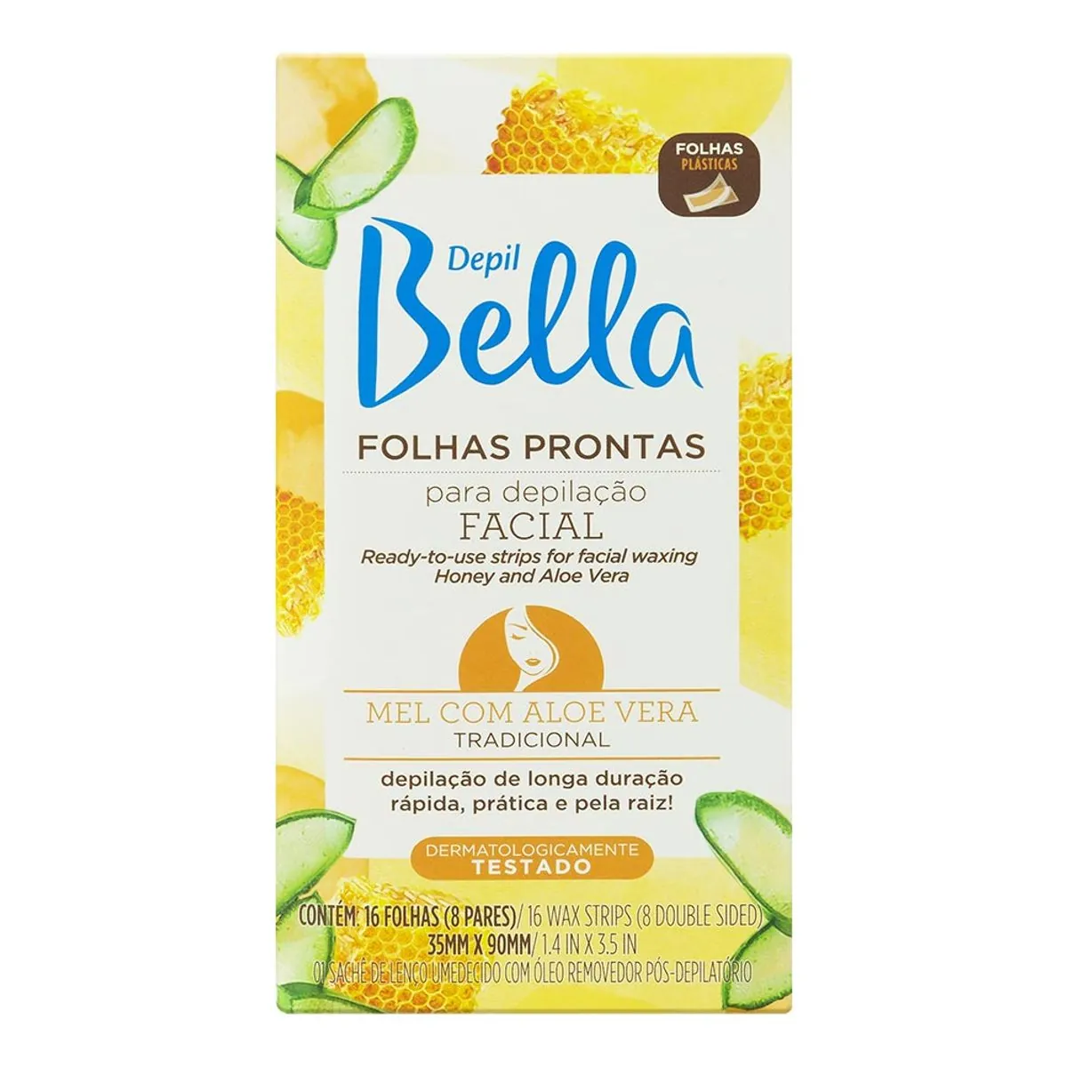 Folhas Para Depilação Facial Mel Com Aloe Vera Tradicional Depil Bella 35mm X 90mm 16 Unidades