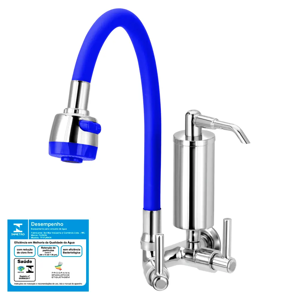 Torneira Gourmet Filtro Metal Slim Azul Flexível Parede 1/4 Volta C51