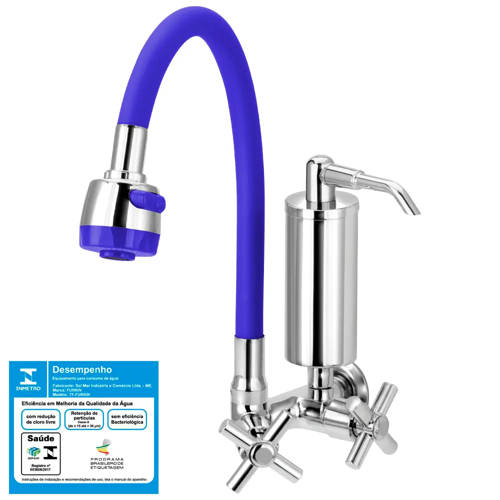 Torneira Gourmet Filtro Metal Slim Azul Flexível Parede 1/4 Volta C62