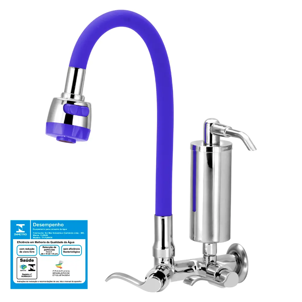 Torneira Gourmet Filtro Metal Slim Azul Flexível Parede 1/4 Volta C172