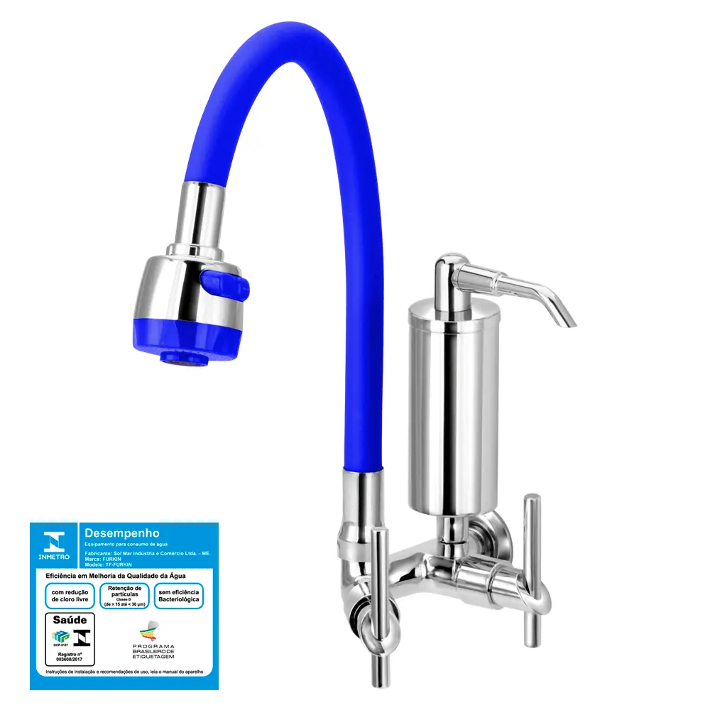Torneira Gourmet Filtro Metal Slim Azul Flexível Parede 1/4 Volta C61
