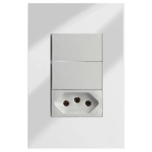 Cj Interruptor Duplo Simples + Tomada 10a 4x2 - Recta Espelhada Gloss (modulo Prata) - Brg11297-6eb
