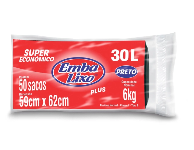 Saco De Lixo Embalixo Super Econômico Plus Preto 30 Litros 50 Sacos 880g
