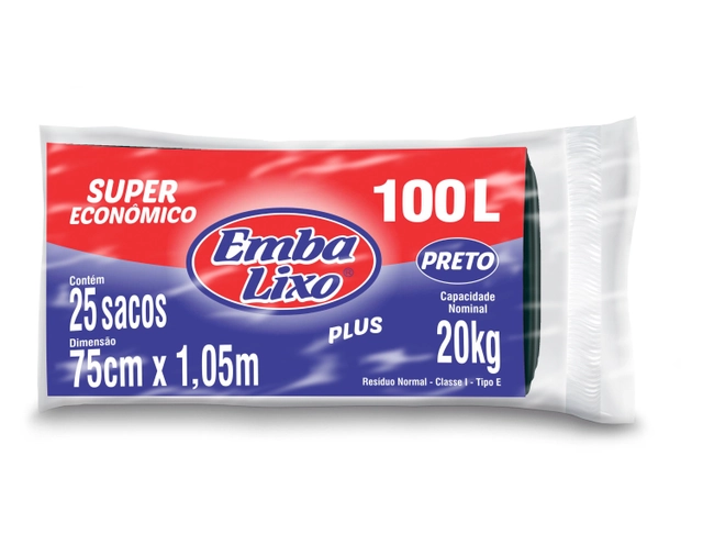 Saco De Lixo Embalixo Super Econômico Plus Preto 100 Litros 25 Sacos 880g