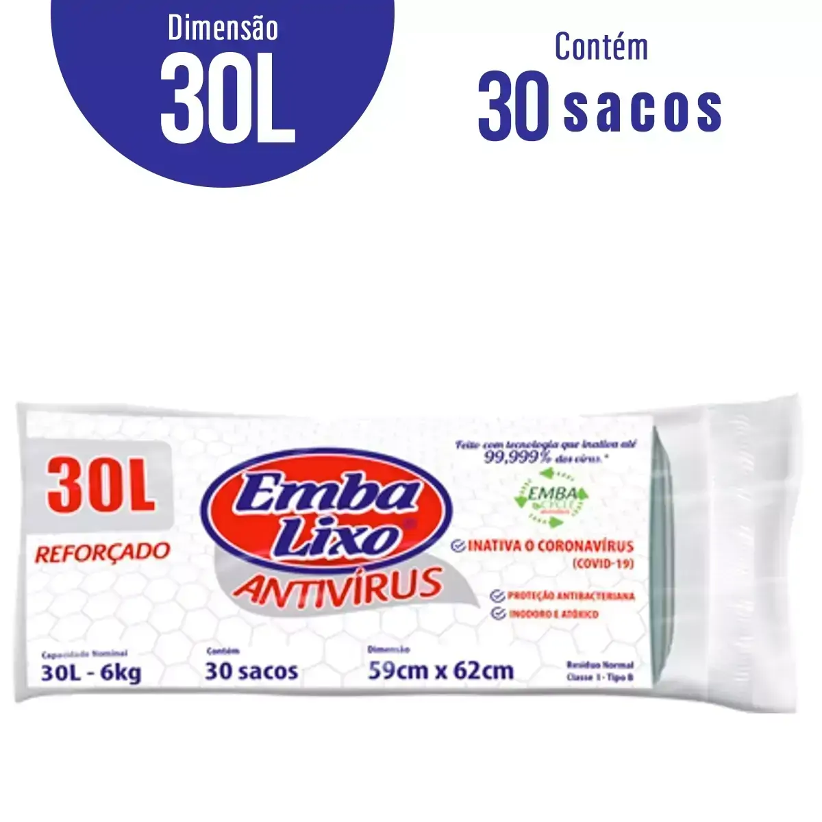 Saco Lixo Embalixo 30 Litros Antivirus com 30 Unidades