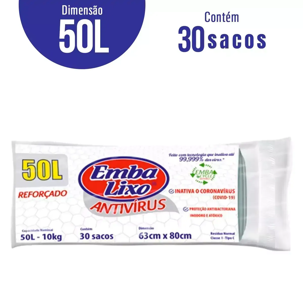Saco Lixo Embalixo 50 Litros Antivirus com 30 Unidades