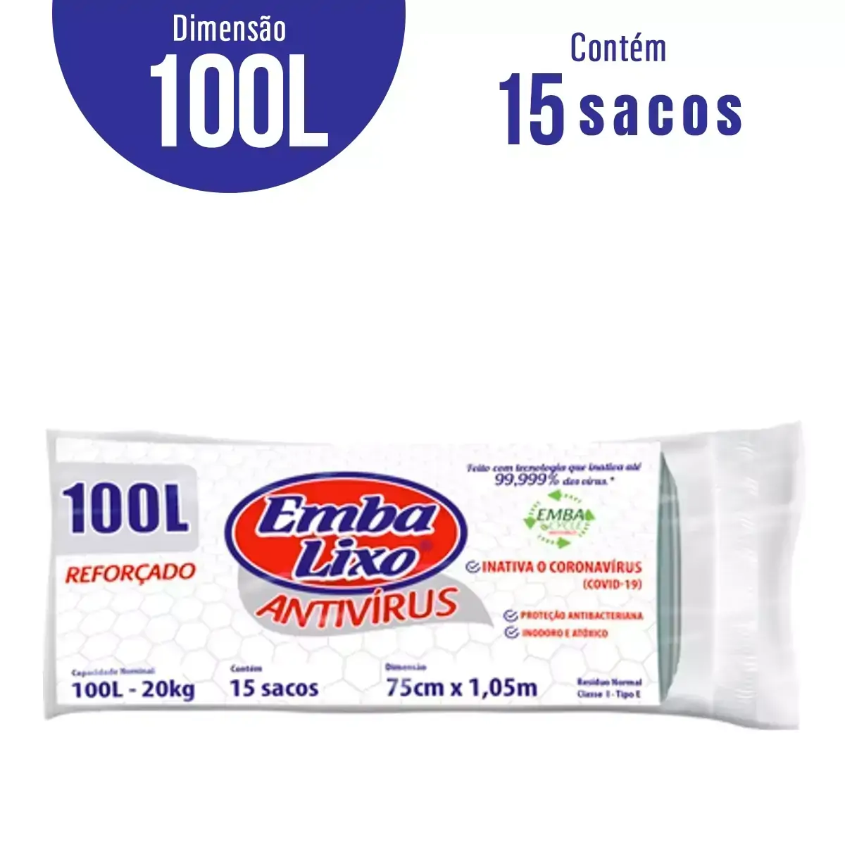 Saco Lixo Embalixo 100 Litros Antivirus com 15 Unidades
