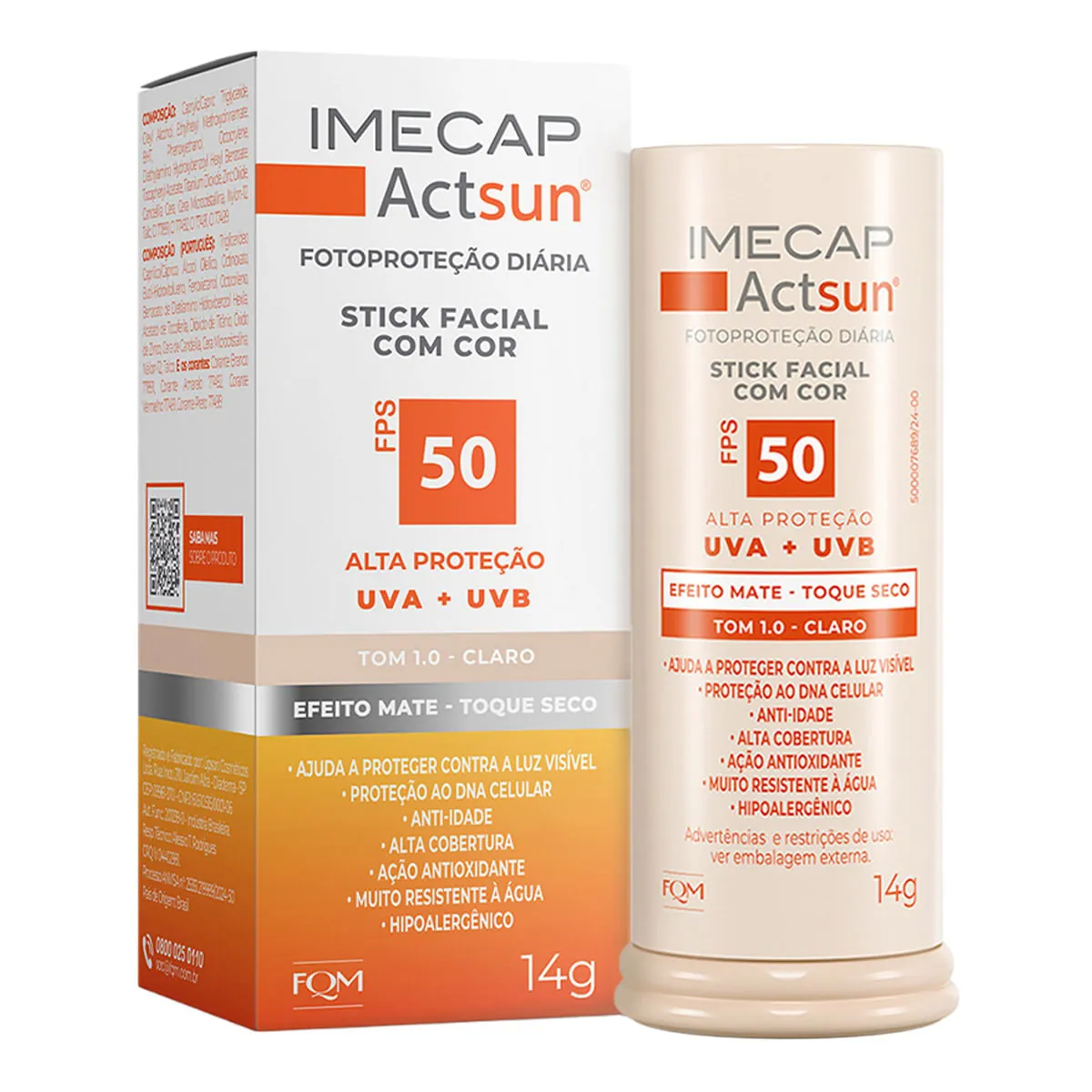 Protetor Solar Facial Stick Imecap Actsun Toque Seco Fps50 Tom 1 Claro 14g
