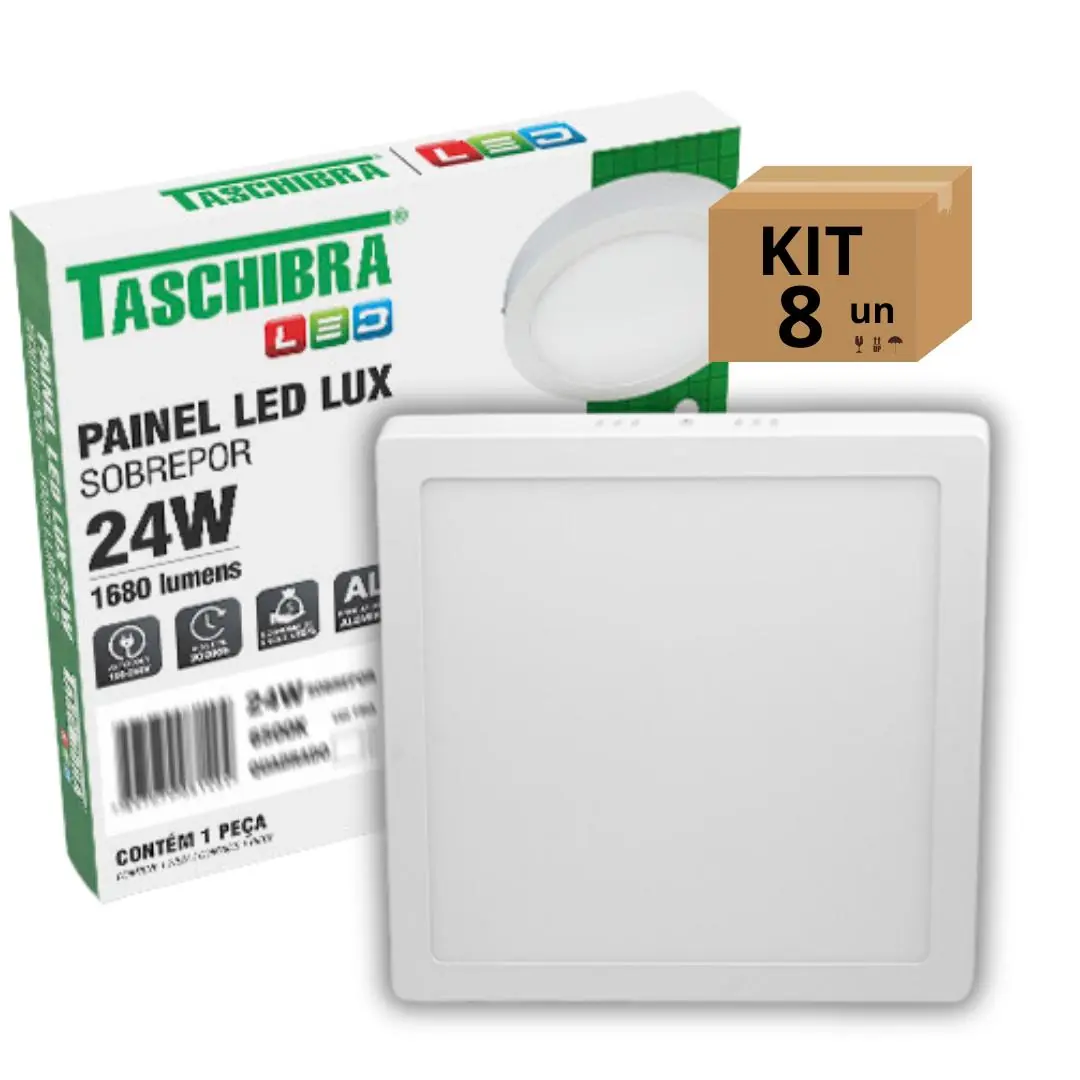 Kit 8un Painel Led Taschibra Sobrepor Quadrado 24w 6500k