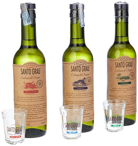 Kit SANTO GRAU 3 Garrafas de 375ml (Itirapuã, Paraty e Coronel Xavier Chaves) e 3 Copos de Dose Personalizado