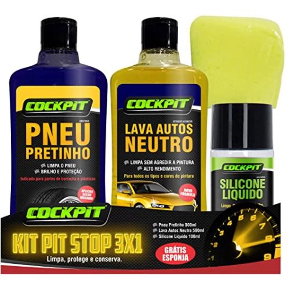 Kit Pneu Pretinho 500ml Lava Autos Neutro 500ml Silicone 100ml Cockpit Grátis Esponja