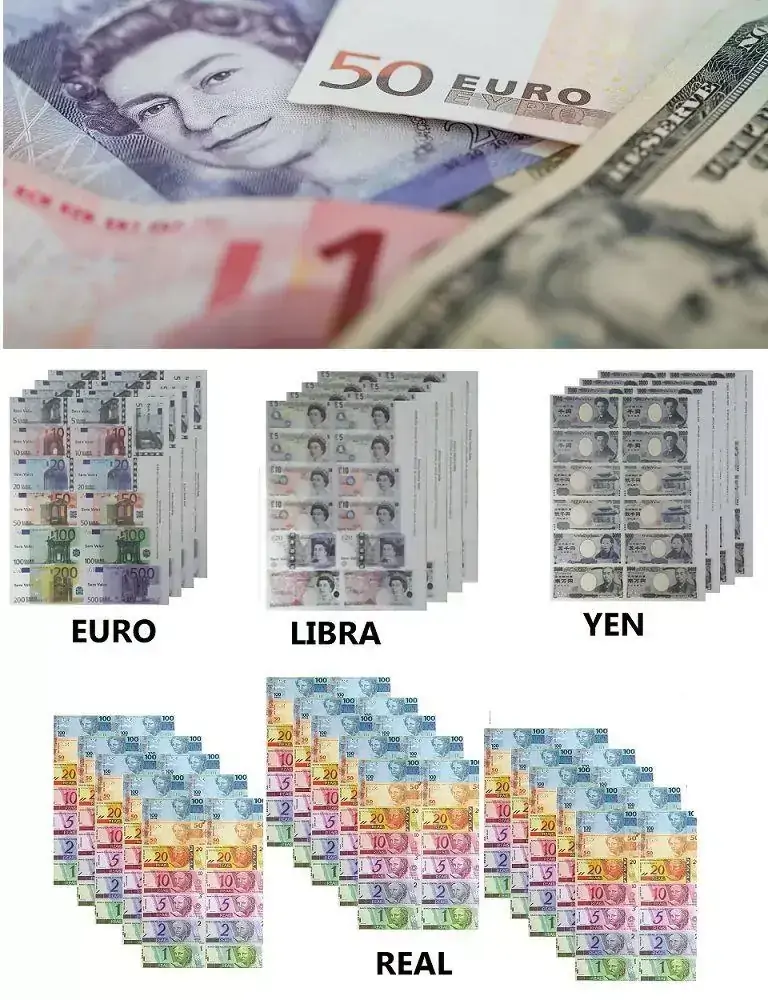 KIT DINHEIRINHO DO MUNDO 60 FOLHAS SORTIDOS EURO LIBRA YEN REAL