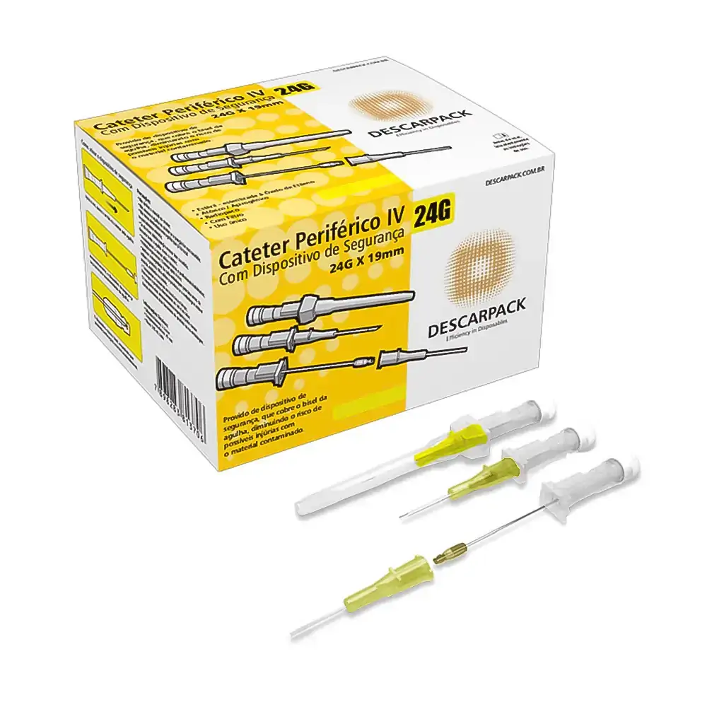 Cateter Periférico Intravenoso - Descarpack - Com Dispositivo De Segurança - 24G - Amarelo