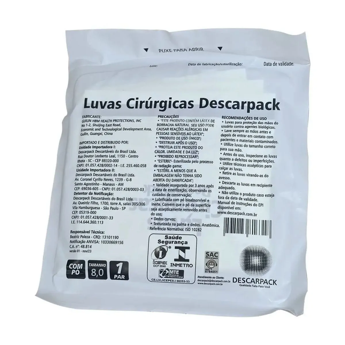 Luva Cirúrgica Estéril - Descarpack - Luva Cirúrgica Estéril 8,0 com 1 Par - Descarpack