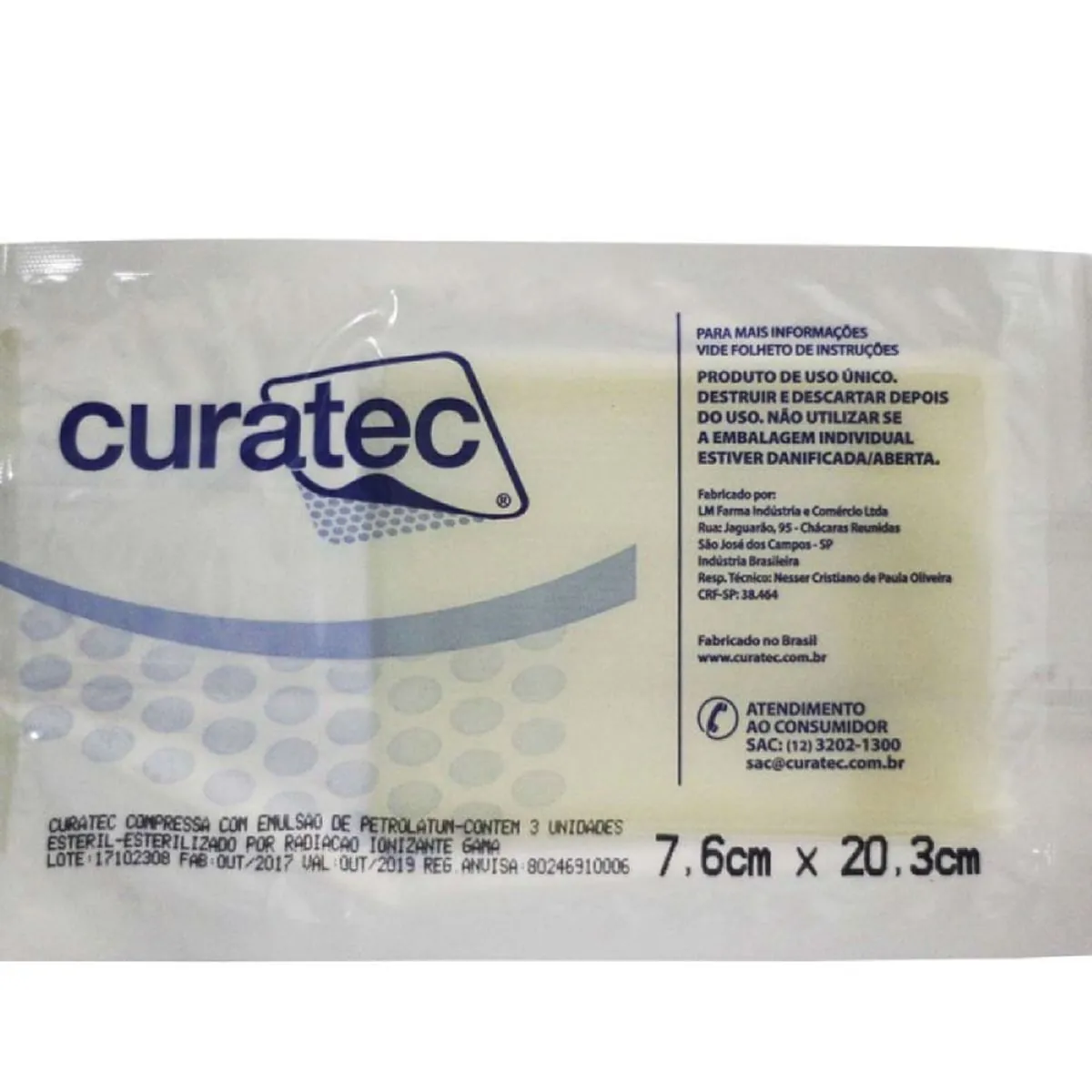 Compressa De Petrolatun Curatec 7,6x20 C/ 1 Unidade - Compressa De Petrolatun Curatec 7,6x20 C/ 1 U