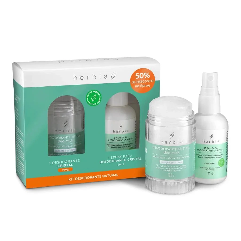 Kit Spray Higienizador 60ml Desodorante Desodorante Kristal Deo Stick Herbia 100g