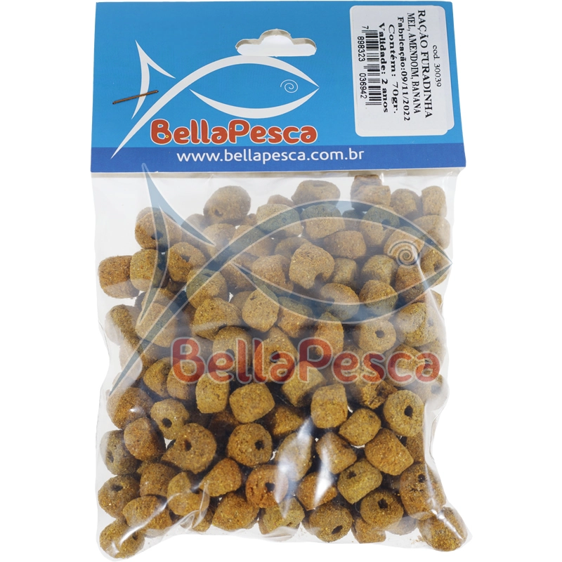 Racao Furadinha Sabor Mel Amendoim Banana 70gr Bella Pesca